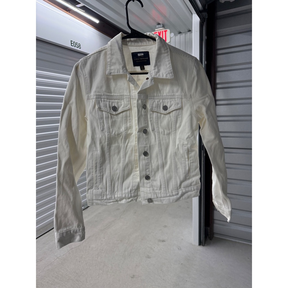 Lucky Brand White Denim Trucker Jacket Womens Small Button Up Jean Jacket Boho